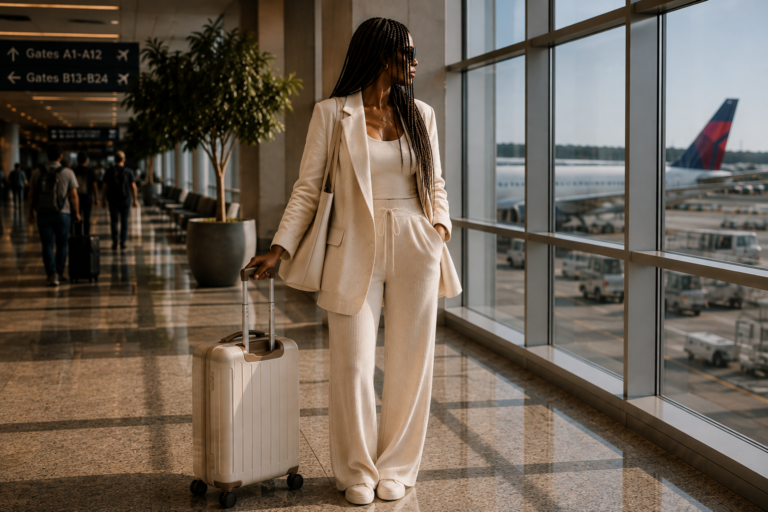 Cream-Clad Traveller at Airport Gates