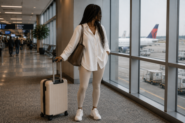 Nia in a comfortable airpot outfint