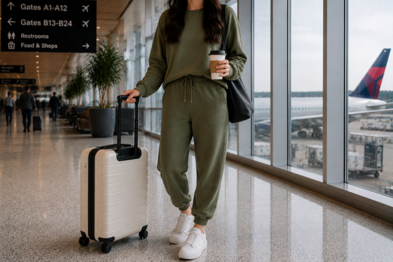 4. Knit Matching Set A knit co-ord set combining wide-leg knit trousers with a matching fitted knit top or cardigan is the most elegant version of the comfortable airport outfit. The knit fabric has sufficient structure to look intentional while having enough softness and stretch to remain comfortable across any flight length. Best for: Autumn and winter travel, flights to cooler destinations, travelers who want maximum comfort without sacrificing style.